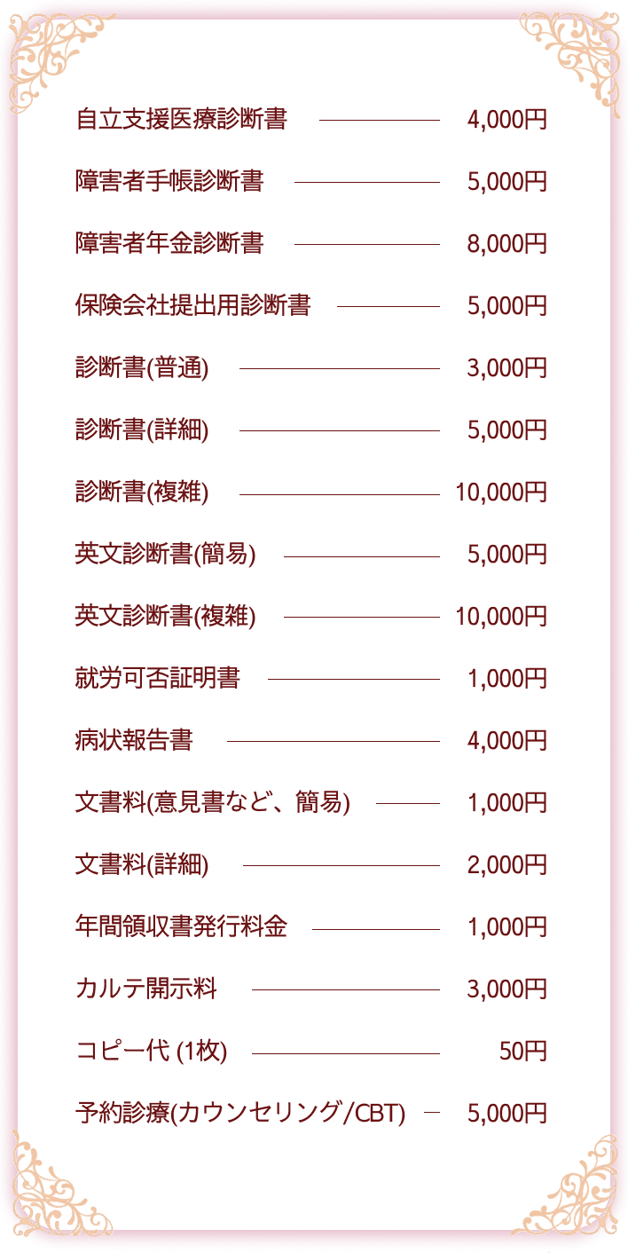 各種診断書料金
